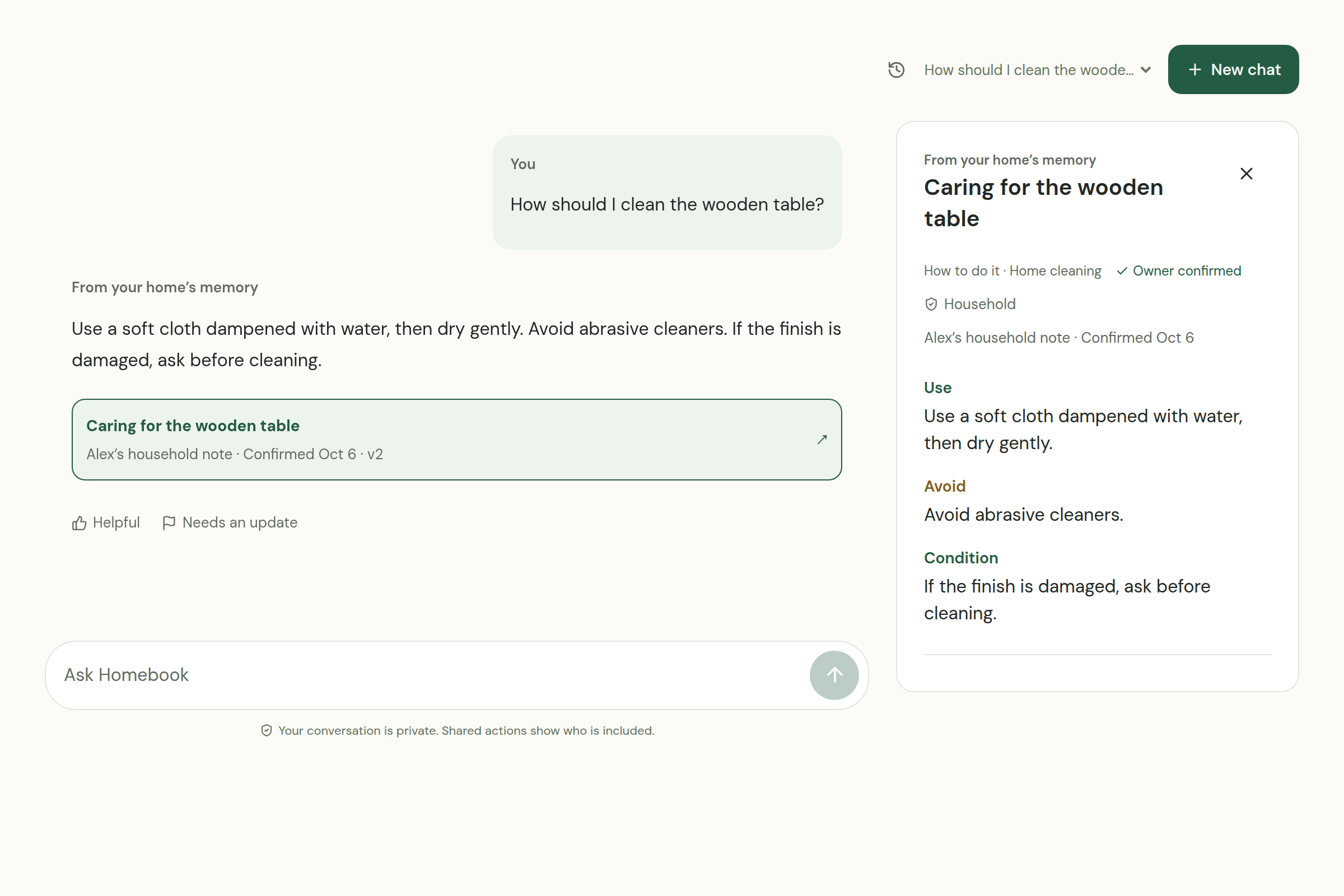 Homebook assistant answering how to clean a wooden table, with the confirmed care note alongside it.