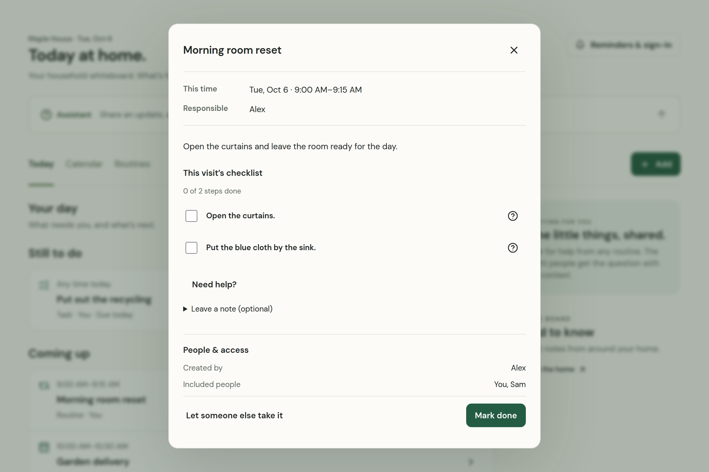 Morning room reset in Homebook, with a two-step checklist and the people included.