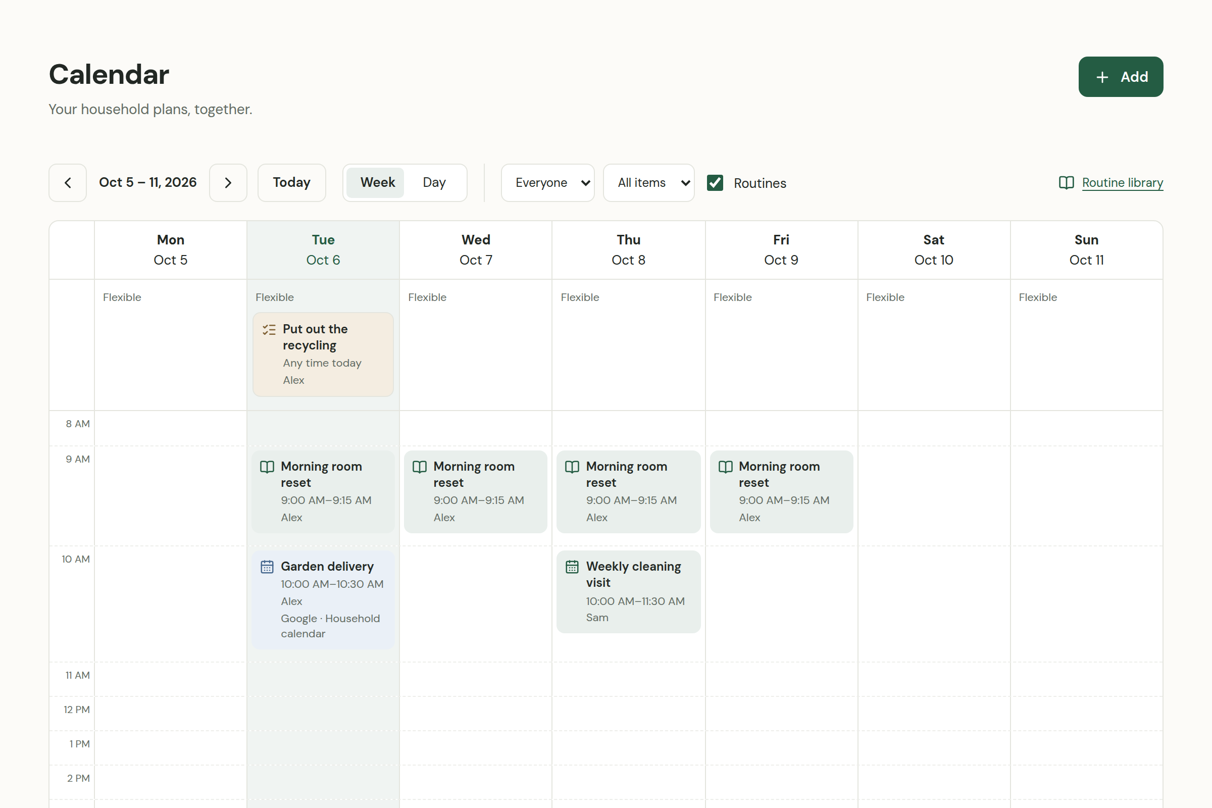 Homebook weekly calendar showing recycling, a garden delivery, and household routines.